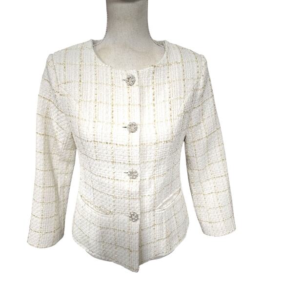Jackets & Blazers - Textured White & Gold Jacket with Pearl and Rhinestone Buttons